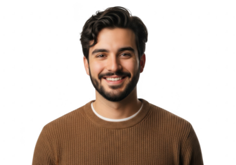 Young man with dark curly hair and beard smiling isolated on transparent background