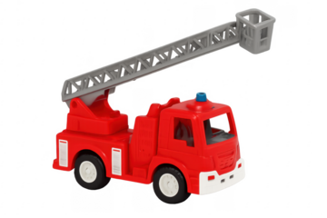 Red toy firetruck extending ladder on transparent background