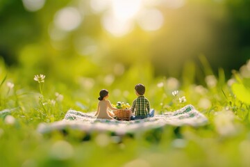 A miniature couple enjoys a romantic picnic amidst a sunlit meadow, surrounded by vibrant green grass and wildflowers.