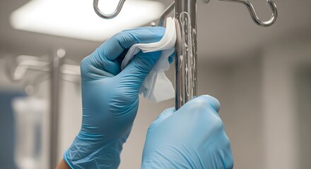 Gloved hands meticulously clean and disinfect a medical IV stand with a white wipe, emphasizing hygiene and infection control in a hospital setting.