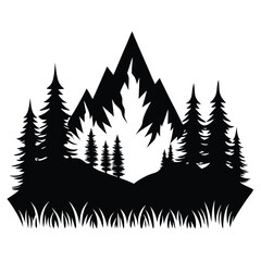 Obraz premium Silhouette of Mountain Peak with Trees and Grass in a Forest Landscape