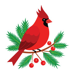 a red cardinal bird sits on a branch with berries.
