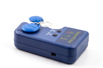Handheld RFID writer in blue plastic housing with buttons for read and write, displayed alongside...
