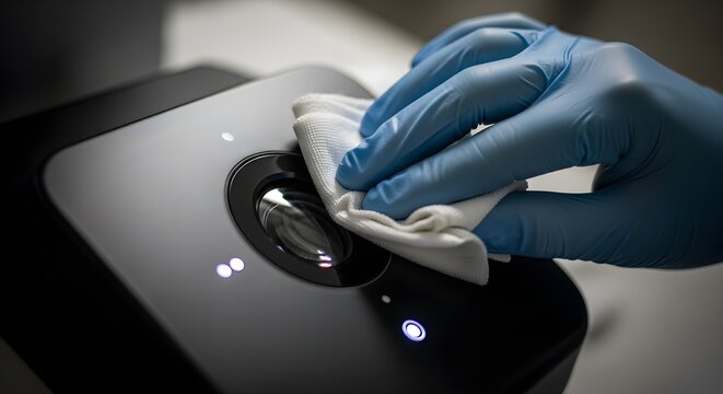 A person wearing blue gloves sanitizes a black tech device with a white cloth to maintain cleanliness and hygiene during the day.