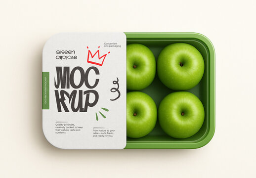 Food Tray Packaging Mockup &ndash; Realistic Fresh Green Apple Container with Label Design