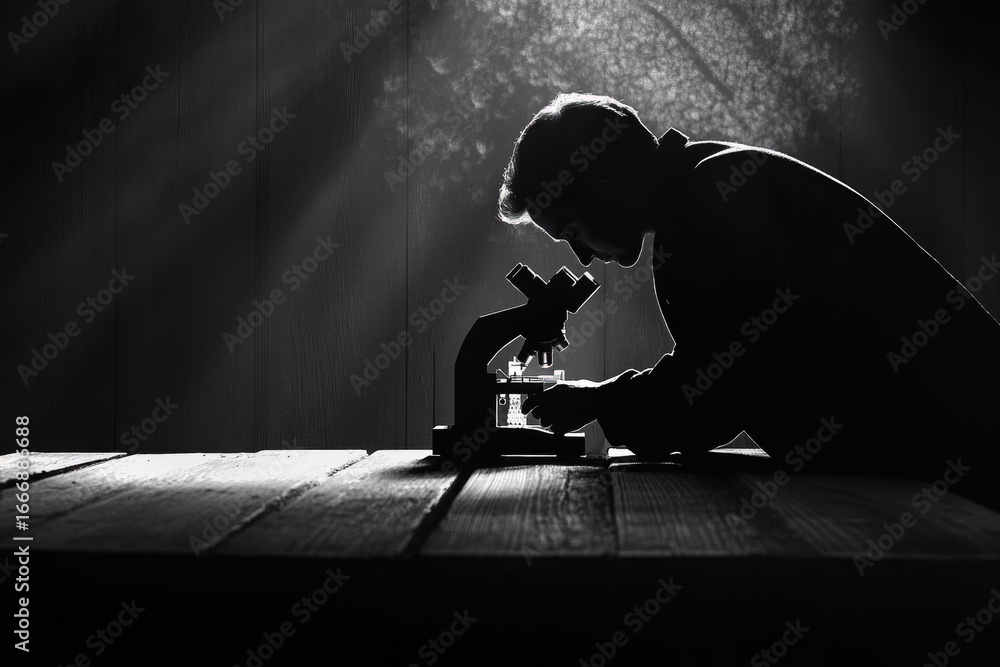 Poster silhouette of a scientist intensely focused on a microscope, illuminated by a single light source.