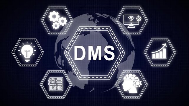 Animated dms system diagram with global network and business technology icons