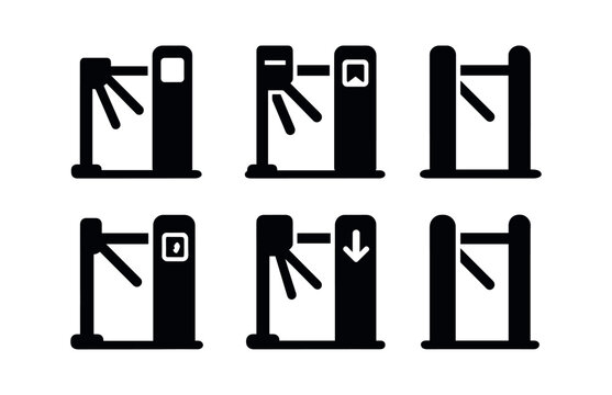 vector solid black filled icons entrance (turnstile gate): turnstile bars card reader arrow cue pole shadow smear light rim.