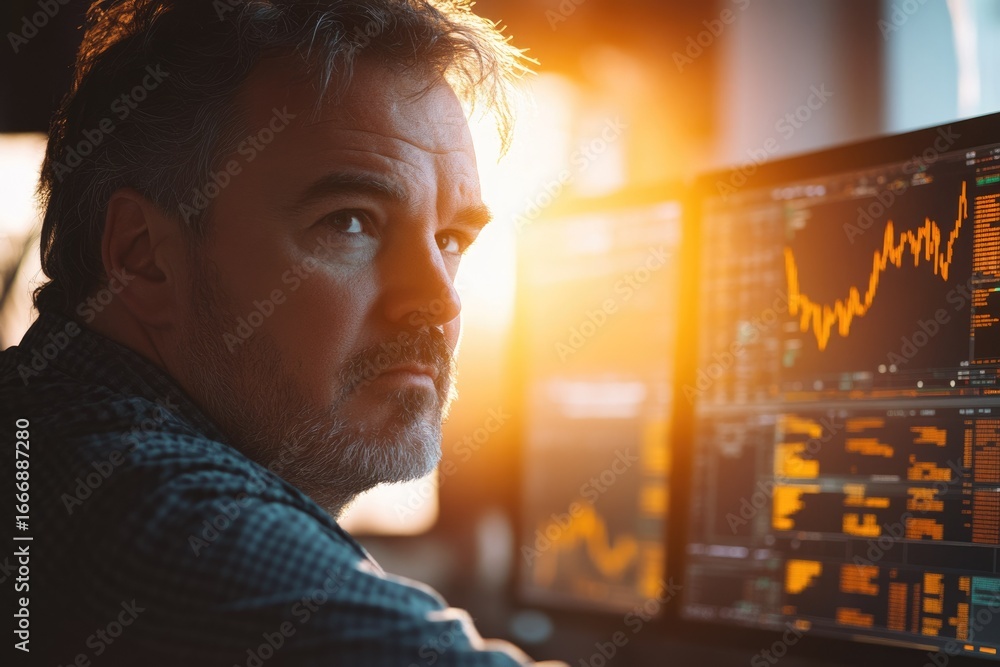 Poster a serious middle-aged man analyzes stock market data on multiple computer screens, illuminated by wa