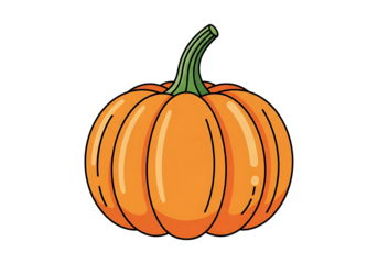 A vibrant, stylized illustration of a pumpkin, featuring a simple, outlined design and bold orange hues against a stark black background.