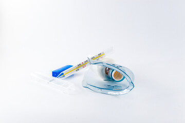 Medical inhaler with transparent mask for respiratory therapy, nebulizer device used in asthma,...