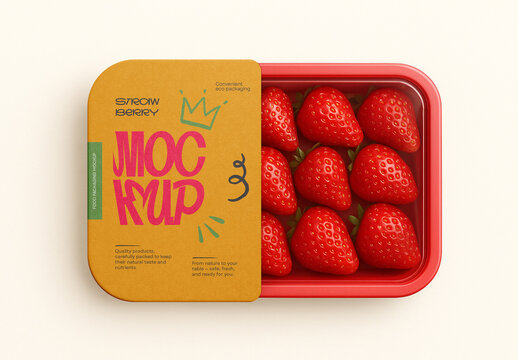 Food Tray Packaging Mockup &ndash; Realistic Fresh Strawberry Container with Label Design