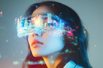 Woman wearing futuristic AR glasses, visualizing a vibrant cityscape; a glimpse into augmented reality.