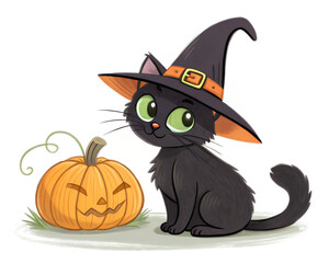 Cute Black Cat Wearing Witch Hat Sitting Next to Pumpkin Isolated on White