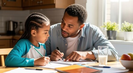 A father and daughter sitting at a table, engaged in a conversation while doing homework.