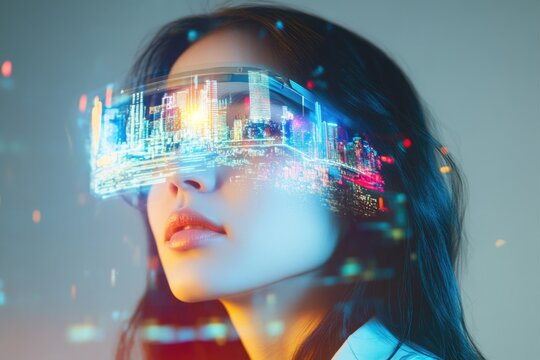 Woman wearing futuristic AR glasses, visualizing a vibrant cityscape; a glimpse into augmented reality.