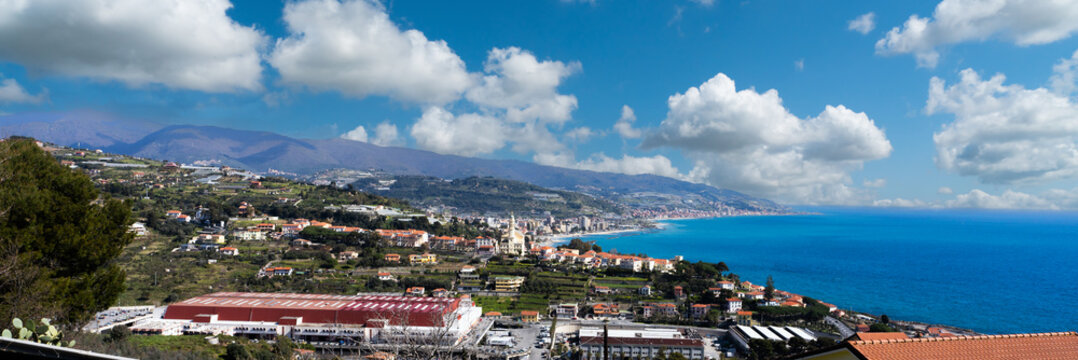 San Remo, Italy - 17 March 2025 - View over the town and coast of San Remo in the medeteranian coast of Italy