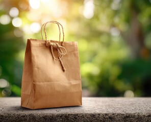 Light brown paper shopping bag on a stone surface, blurred natural background