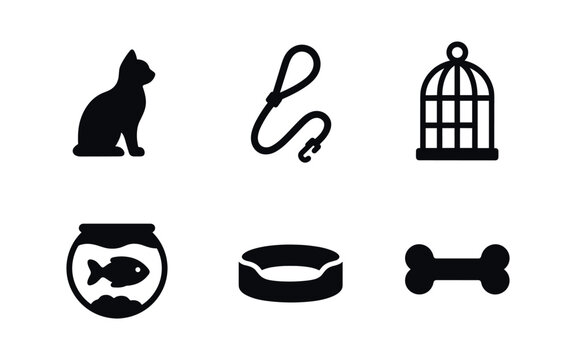 vector solid black filled icons empty nester stage (pet companion): cat silhouette dog leash birdcage fish bowl pet bed chew toy.