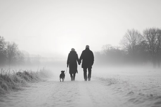 A couple walks hand-in-hand with their dog on a snowy, misty path, creating a serene winter scene. - Powered by Adobe