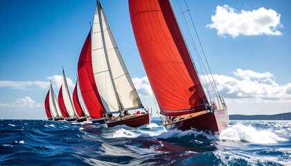 Fototapeta premium Red Sailboats Racing Ocean Regatta.