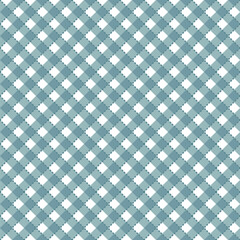 A seamless plaid pattern with a rhombus-shaped center decorated with dotted lines in a combination of white and teal for wrapping paper, textiles, children's clothing, picnic mats,wallpaper,book cover