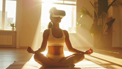 Woman meditating in lotus pose wearing VR headset in a sunlit studio for virtual wellness experience