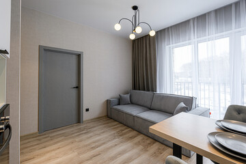 Cozy living room with a gray sofa, wood floors, modern light fixture, and large window