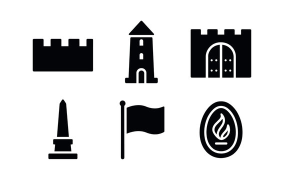 vector solid black filled icons steadfastness (historic): fort wall stone tower old gate monument flag carved seal.