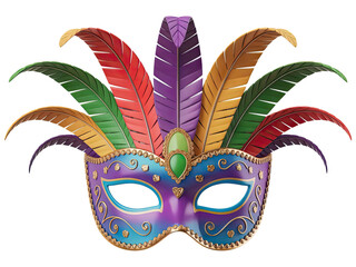 Mardi Gras mask with vibrant feathers for Carnival celebrations, parades, and festive designs