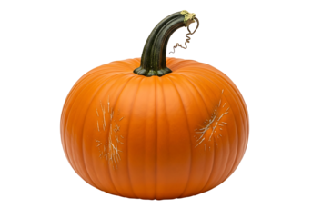 An orange pumpkin, exhibiting slight imperfections, is presented against a stark black background.
