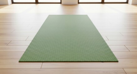 Blank mockup yoga mat on a wooden floor in a bright studio for a fitness or mindfulness brand