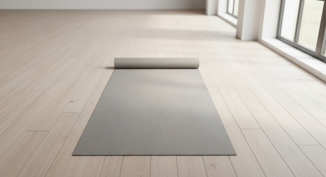 Blank mockup yoga mat on a wooden floor in a bright studio for a fitness or mindfulness brand