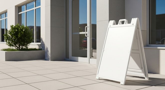 Blank mockup A-frame sign outside a mental health center for a supportive message or information