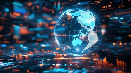 Animated globe displaying global data visualization and digital network connections - Powered by Adobe