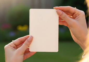 Blank mockup affirmation card held in hands for a mindfulness or positive psychology brand
