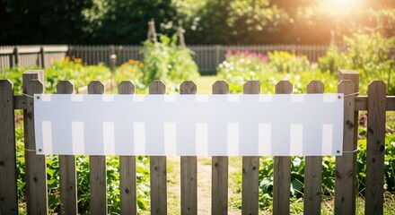 Blank mockup banner on a fence at a community garden for a local health or eco-friendly event
