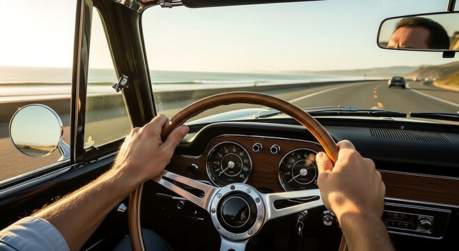 Man Driving Classic Car on Coastal Highway at Sunset - Vintage Automobile Road Trip Stock Photo.