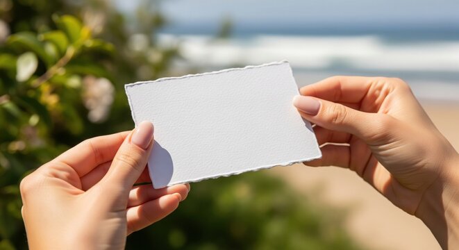 Blank mockup affirmation card held in hands for a mindfulness or positive psychology brand