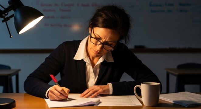 A woman wearing glasses sits at a desk with a cup of coffee, writing on a piece of paper.