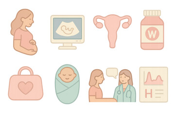 Pregnancy and women's health icons: maternal and medical themes in soft pastel design