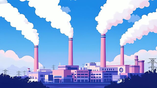 Animated illustration of a power plant releasing smoke into the clear blue sky
