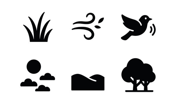 vector solid black filled icons draw ridge (summer): lush grass warm breeze bird calls blue sky distant hills shady grove.