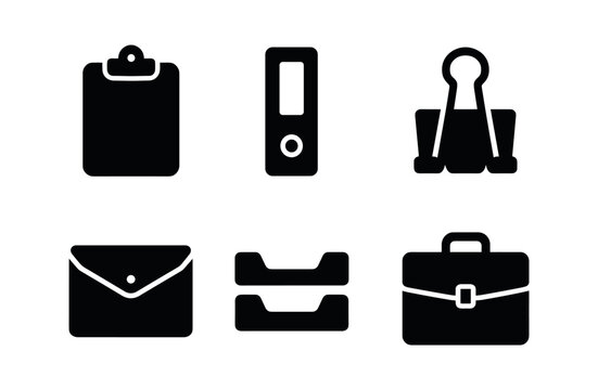 vector solid black filled icons graph paper (stationery storage): clipboard ring binder binder clip document wallet desk tray portfolio case.