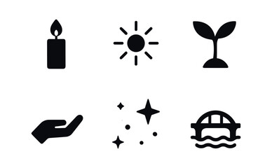 vector solid black filled icons faint hope (symbols): small candle distant light single sprout open hand star in dark sky bridge in mist.