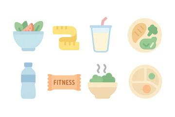 Fototapeta premium Colorful healthy lifestyle icons featuring food, fitness, and wellness in flat design