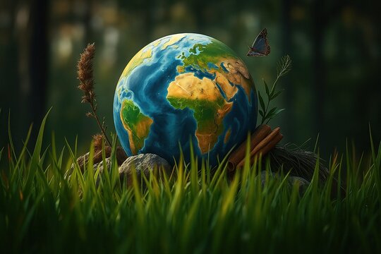 Earth day globe in nature background with butterfly and grass for environmental awareness campaign -