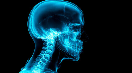 Lateral X-ray image of human skull and cervical spine on black background