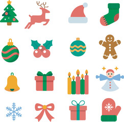 Flat Christmas Icons Collection in Festive Colors Perfect for Holiday Designs and Decorations