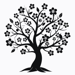 Stylized Black Tree Silhouette with Flowers and Fruit Graphic Illustration Vector